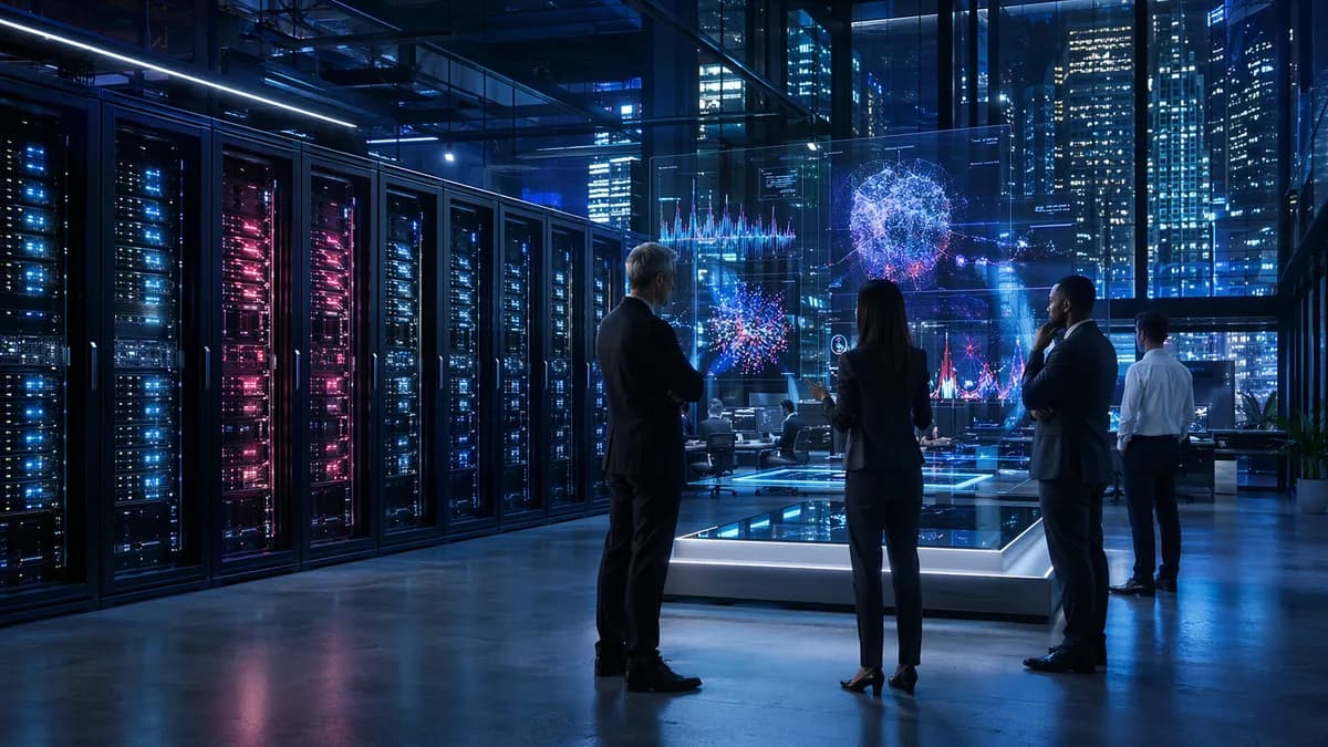 Underused enterprise GPU servers in a futuristic AI data center under executive scrutiny