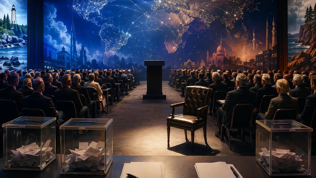 Maine political convention hall with empty podium, ballots, delegates, and glowing global map backdrop.