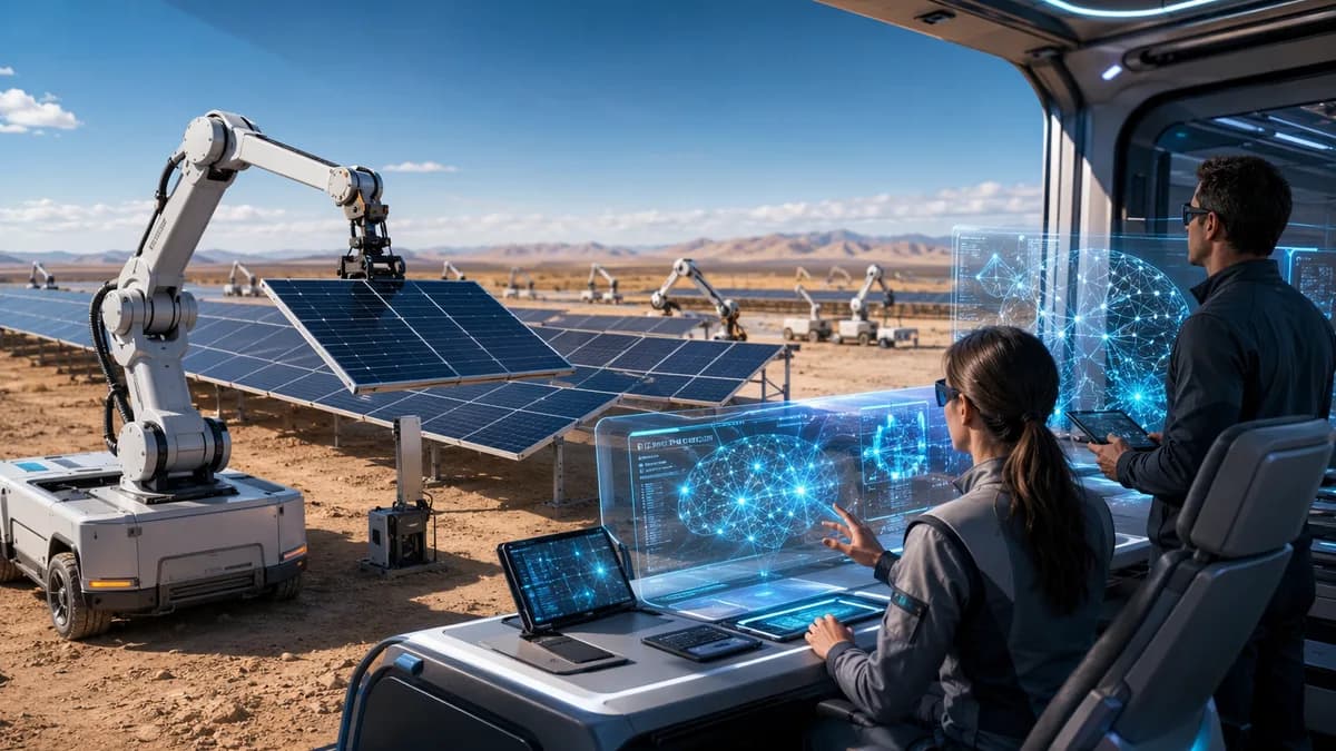 Autonomous robots install solar panels at a futuristic construction site under human supervision.
