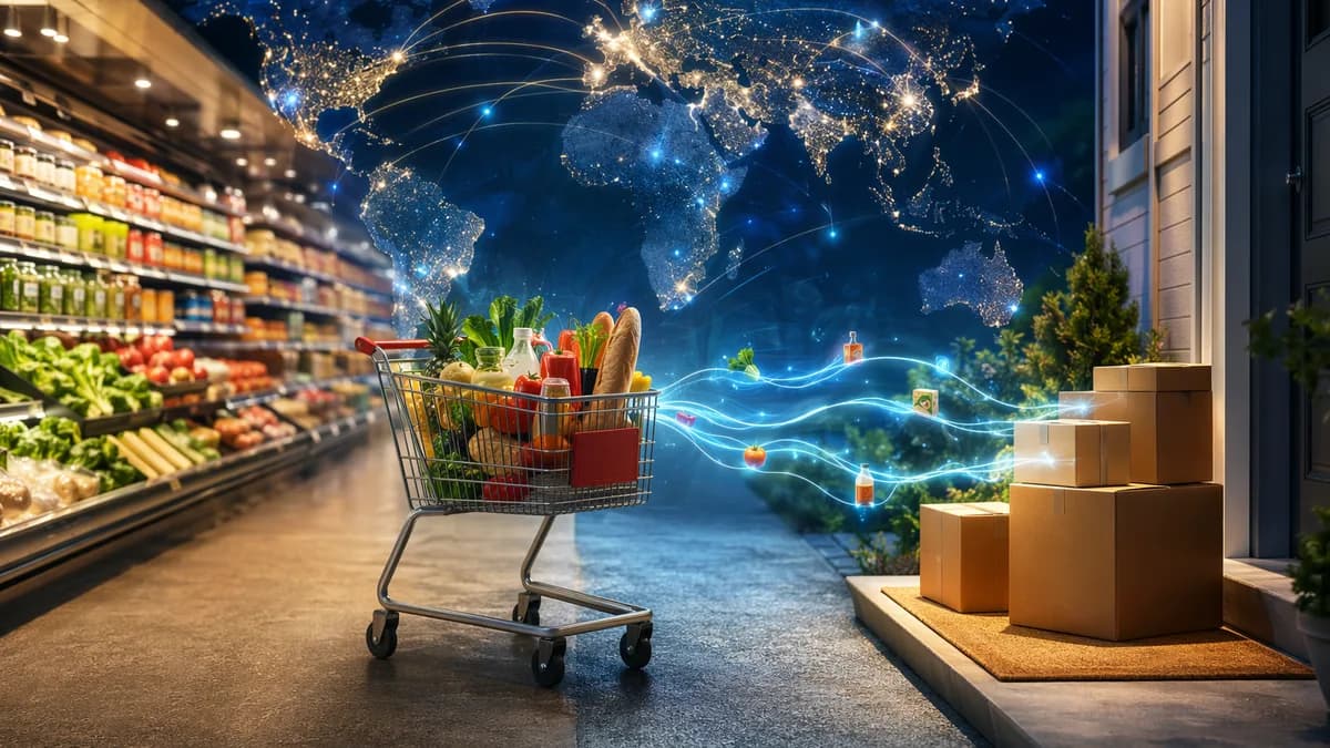 Grocery cart split between supermarket aisle and home delivery, with global connection map in background.