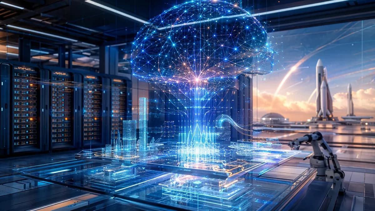 Futuristic AI hub with neural core, servers, circuits, and orbital data streams symbolizing a new frontier model.