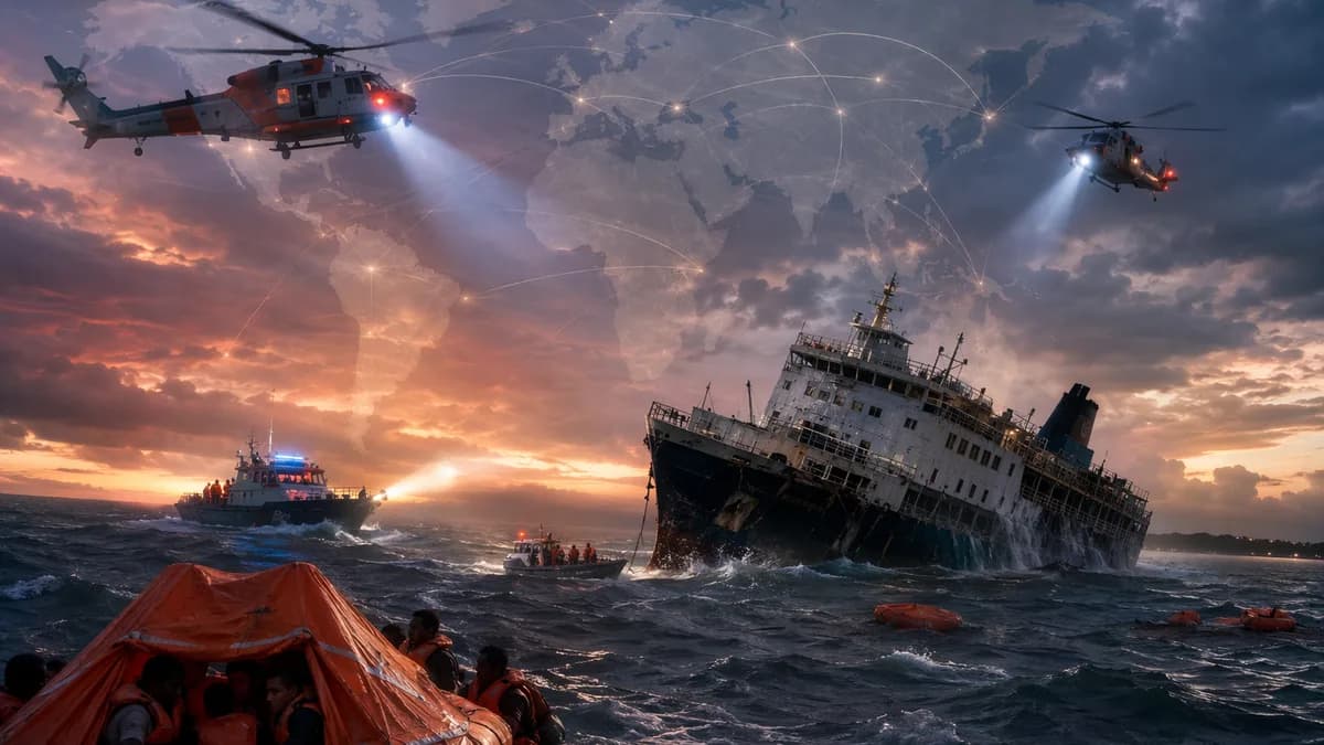 Ferry sinking off Guyana coast with rescue boats, helicopters, and global map overlay.