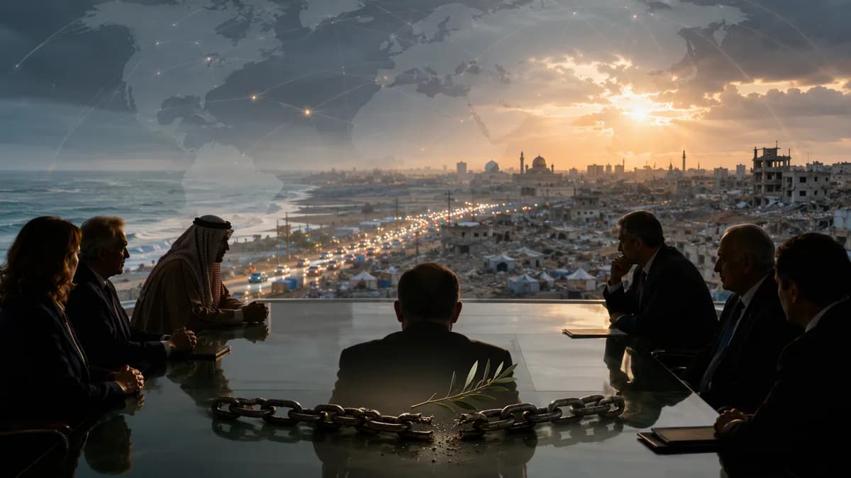 Fragile Gaza peace talks shown with global map connections, dawn light, and symbolic olive branch.