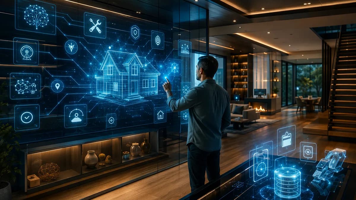 AI smart home dashboard visualizing maintenance records, repair alerts, and connected home sensors.