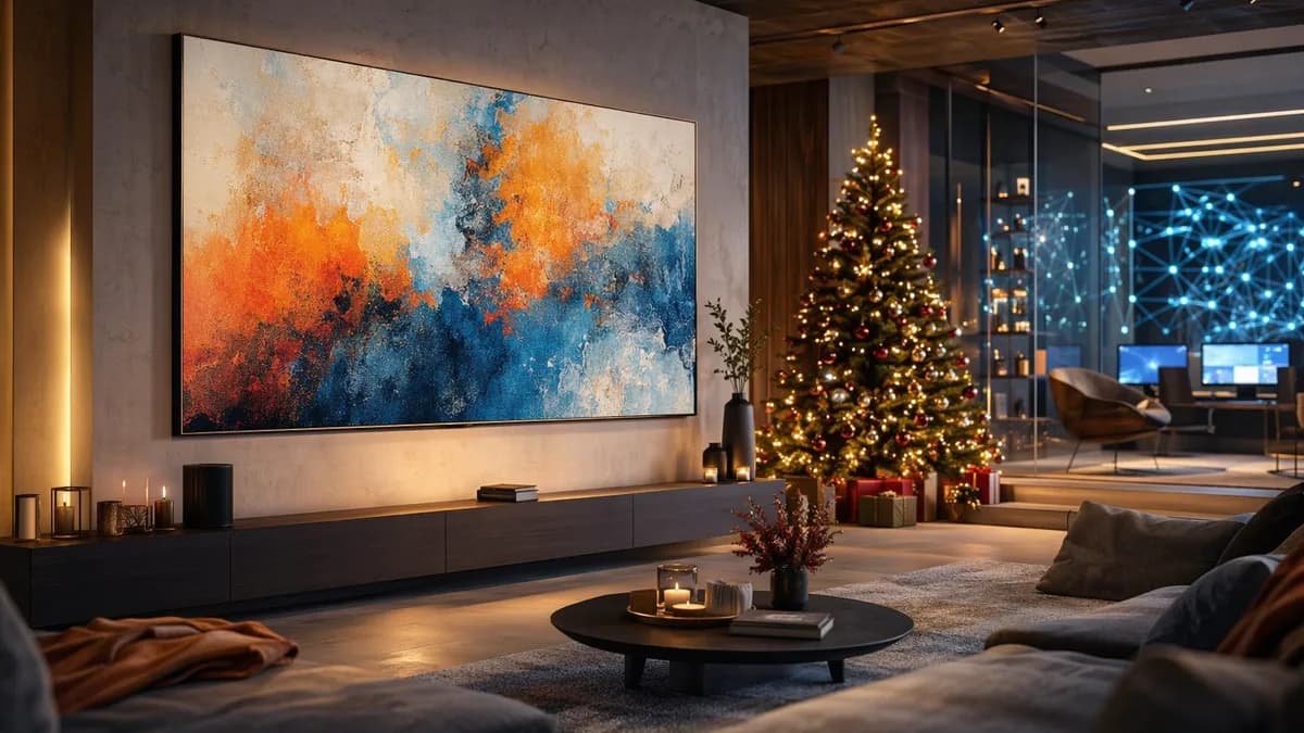 Modern living room with a canvas-style art TV displaying abstract artwork and subtle tech accents.