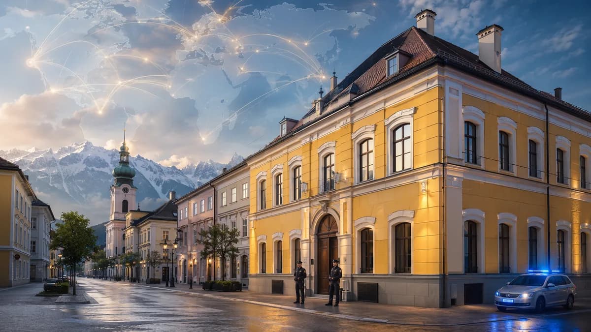 Austrian historic building repurposed as a police station under subtle global connection graphics.
