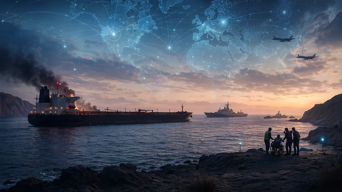 Disabled tanker near Hormuz with naval blockade imagery and global map connections at dusk