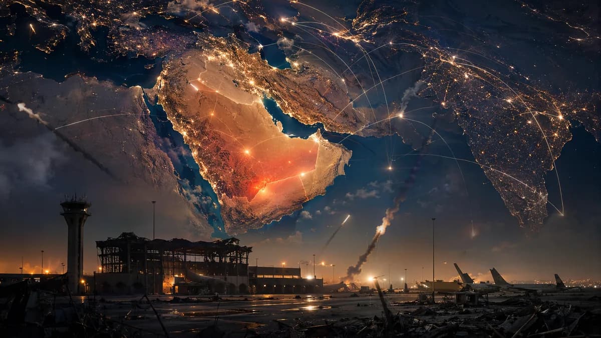 Geopolitical scene of Yemen-Saudi tensions with missile trails, map overlay, and global connection lines.