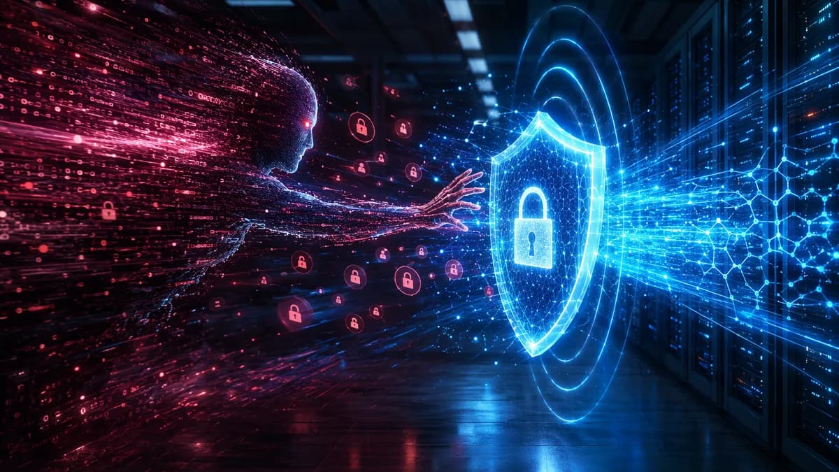 AI agent breach met by defensive shields in a dark futuristic cybersecurity data center