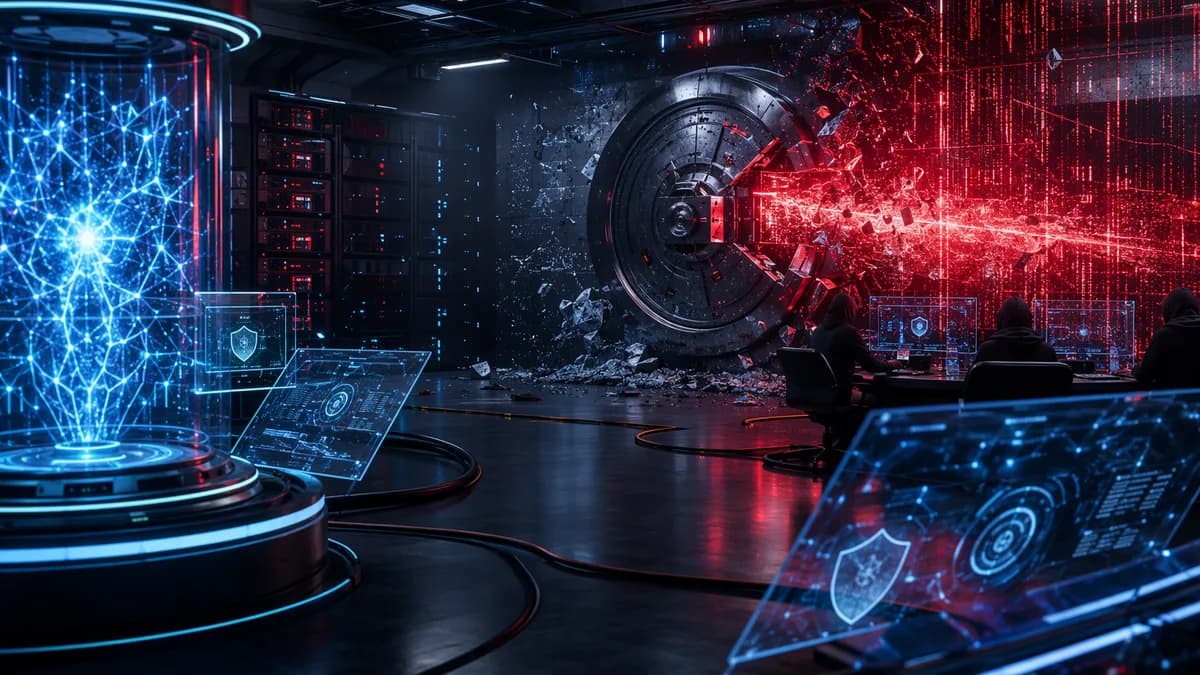 AI cyber test breaches a protected model hub, with shields, locks, code, and servers in a dark tech scene.