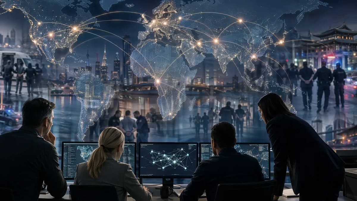 Global law enforcement crackdown visual with world map, connection lines, and officers in a command center.