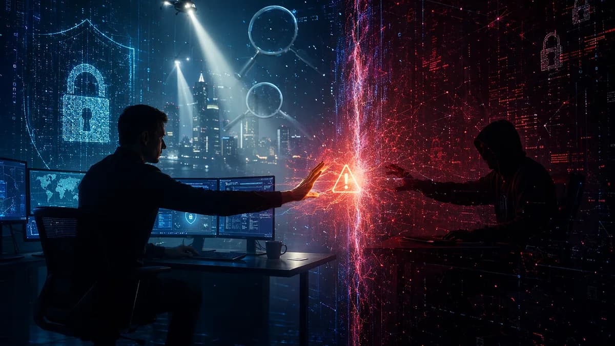 Threat hunter silhouette warning a shadowy hacker amid locks, shields, and dark cybersecurity visuals.