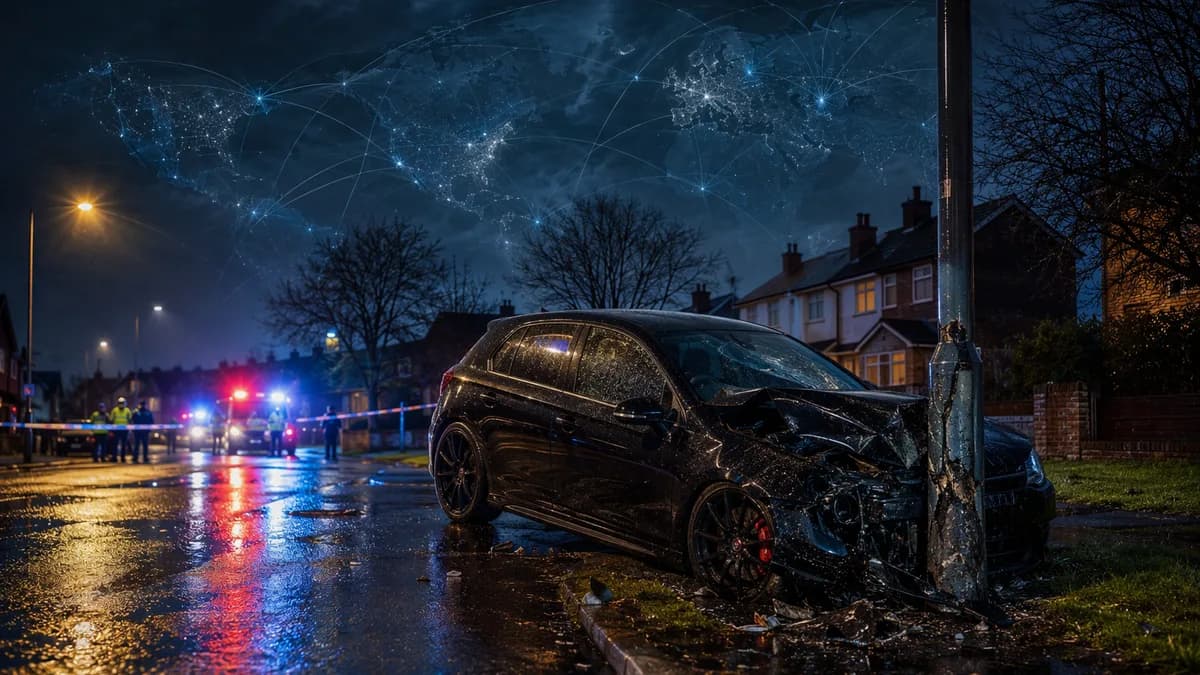 Night crash scene in Merseyside with damaged black car, lamp-post and emergency lights, no victims shown