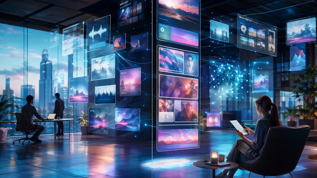 Futuristic workspace with web content cards flowing into a scrollable social feed on glowing screens.