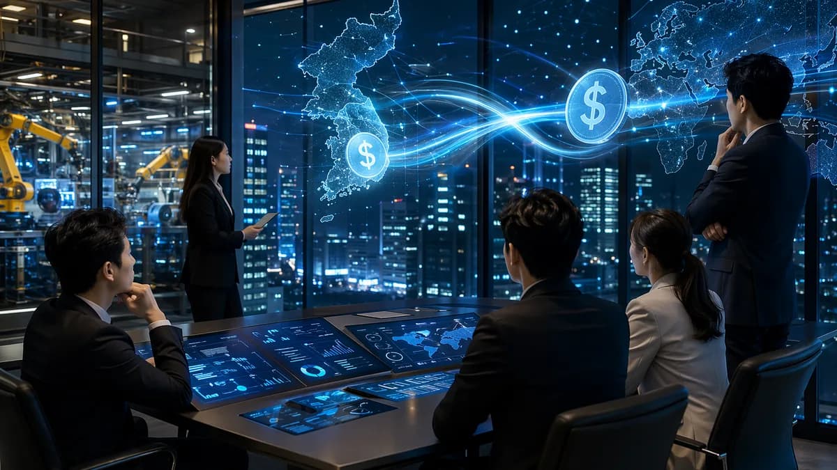 Corporate treasury team using stablecoins for fast cross-border transfers in a modern Seoul finance office
