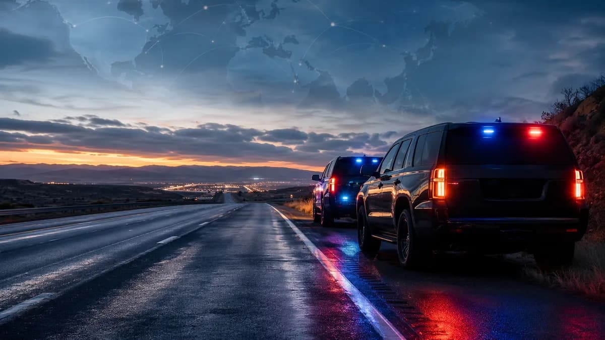 Unmarked SUVs on a wet highway under a subtle world map, suggesting paused enforcement stops.