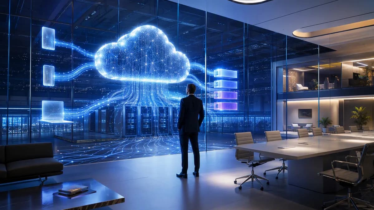 Executive watches cloud AI infrastructure connecting consumer devices in a sleek futuristic workspace.