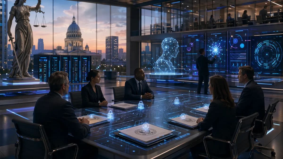 AI safety audit concept in a futuristic Illinois government tech workspace with neural networks and servers.