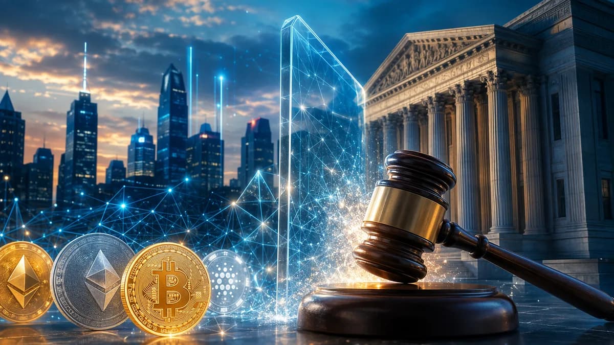 Courthouse, gavel, and glowing crypto assets symbolize a legal challenge to a state digital asset tax.