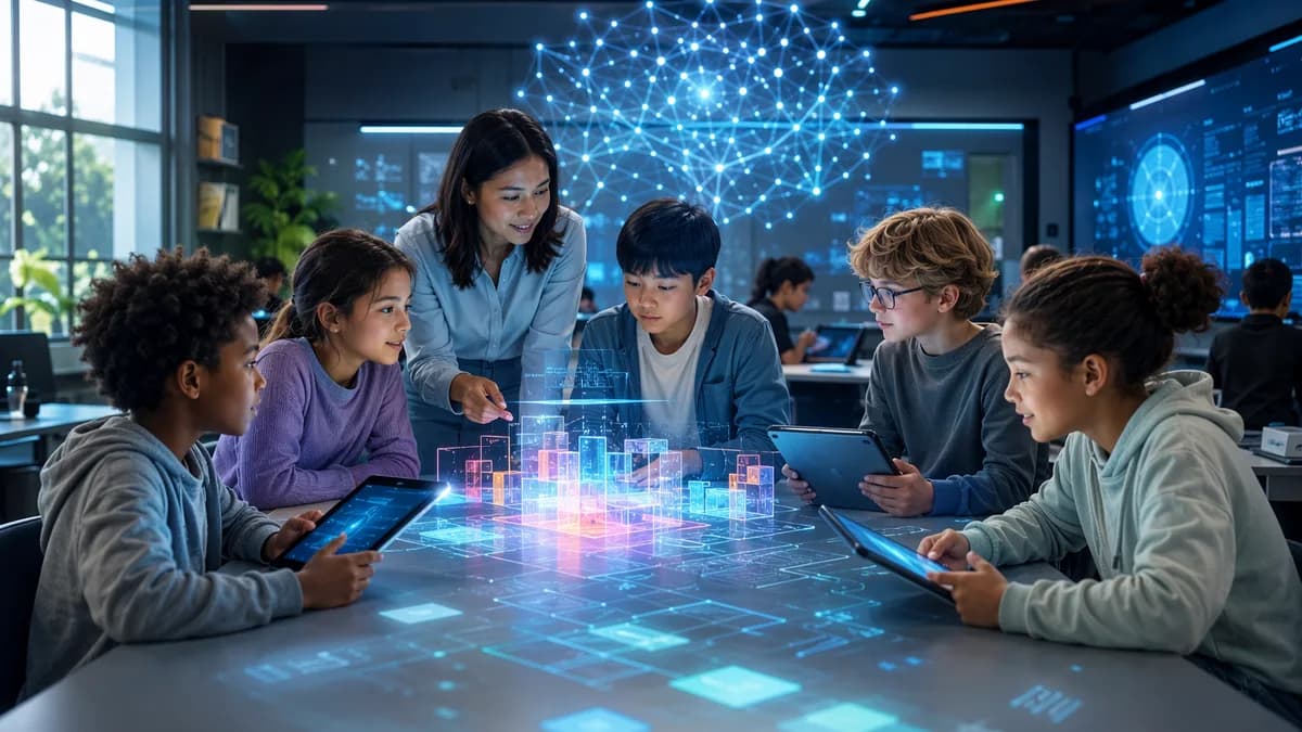 Students and teacher use AI tools in a futuristic classroom for supervised coding lessons.