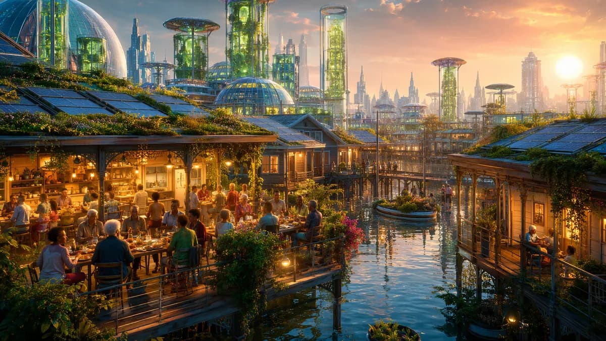 Wide establishing shot of a raised, climate-adapted New Orleans neighborhood in 2079 at dawn, with rooftop gardens, translucent bioreactor towers, solar canopies, and a warm community kitchen glowing above flood canals; elderly and young residents gather