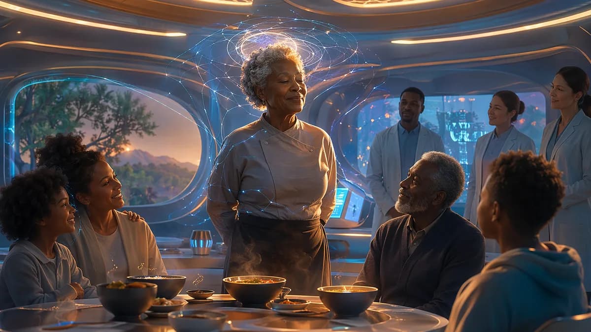 Medium scene inside a serene biotech clinic dining room where an elderly Black chef stands beside a table set with steaming bowls, soft medical interfaces and neural-lace light patterns surrounding her like gentle halos, family members and clinicians watc