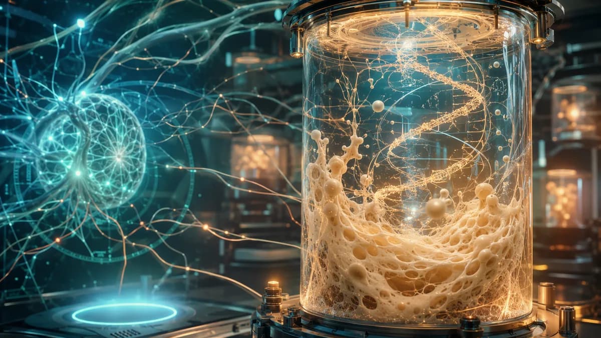 Detail/concept image of a glass bioreactor containing a living sourdough culture intertwined with luminous gene-sequencing filaments and delicate neural-interface patterns projected in the air, suggesting memory, fermentation, and programmable biology; ma