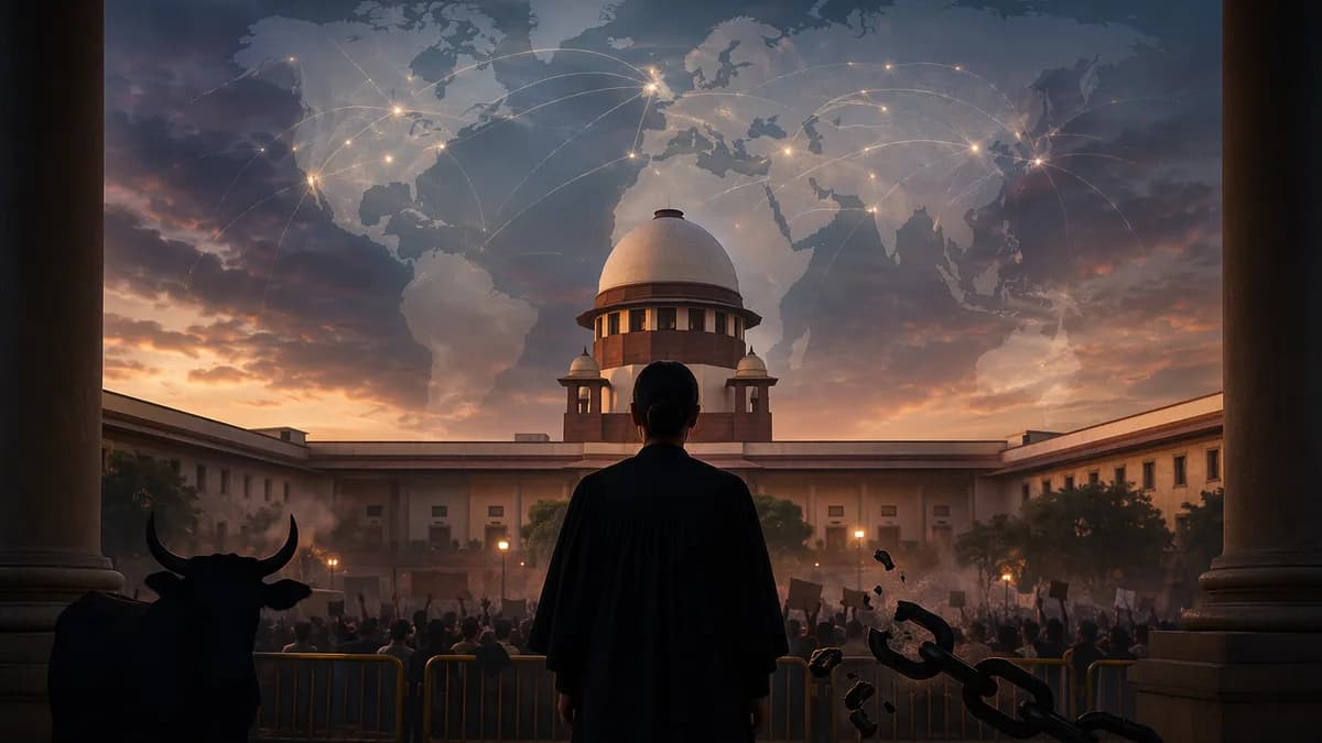 Indian courthouse scene with judge silhouette, tense crowd shadows, and global map connections.