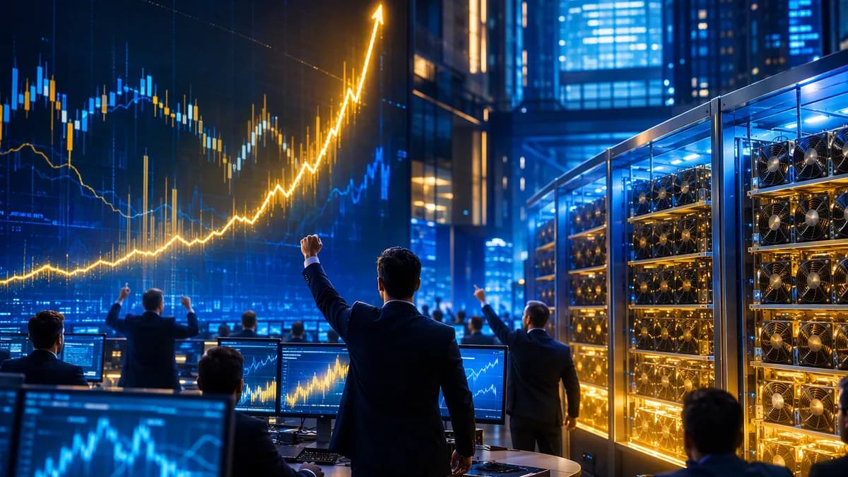 Crypto mining stock debut surges on trading floor with abstract market charts and server racks