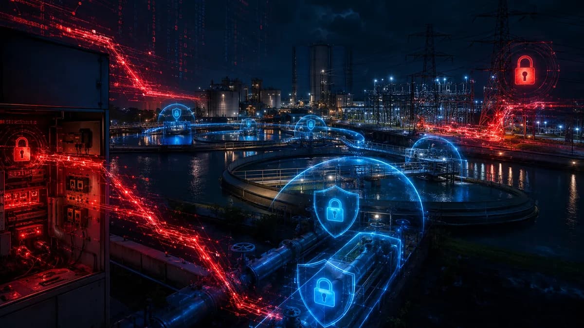 Cyberattack imagery over U.S. water and energy infrastructure with shields, locks, and data streams.