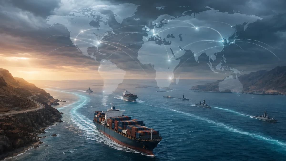 Cargo ships in the Red Sea under geopolitical tension with global trade routes and map connections.
