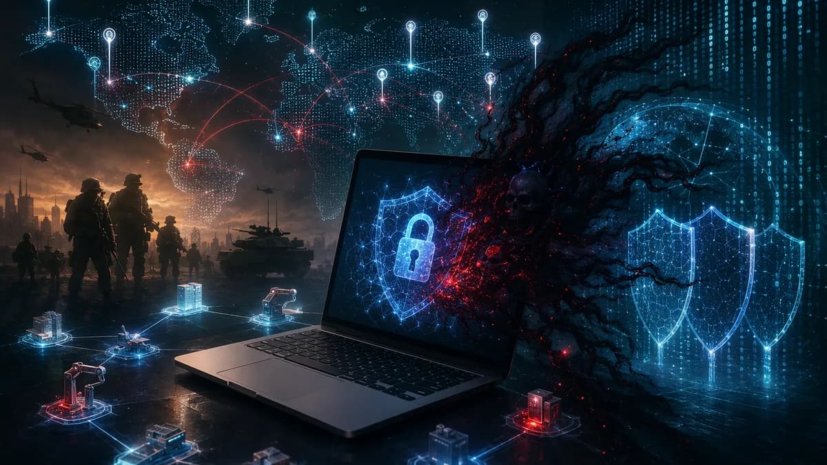Dark cybersecurity scene with phone tracking, malware, shields and encrypted data networks.