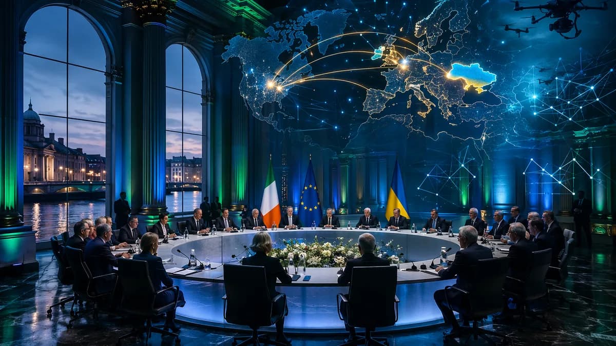 Dublin summit scene with world map and glowing links symbolizing Ireland, Ukraine, and EU geopolitical stakes