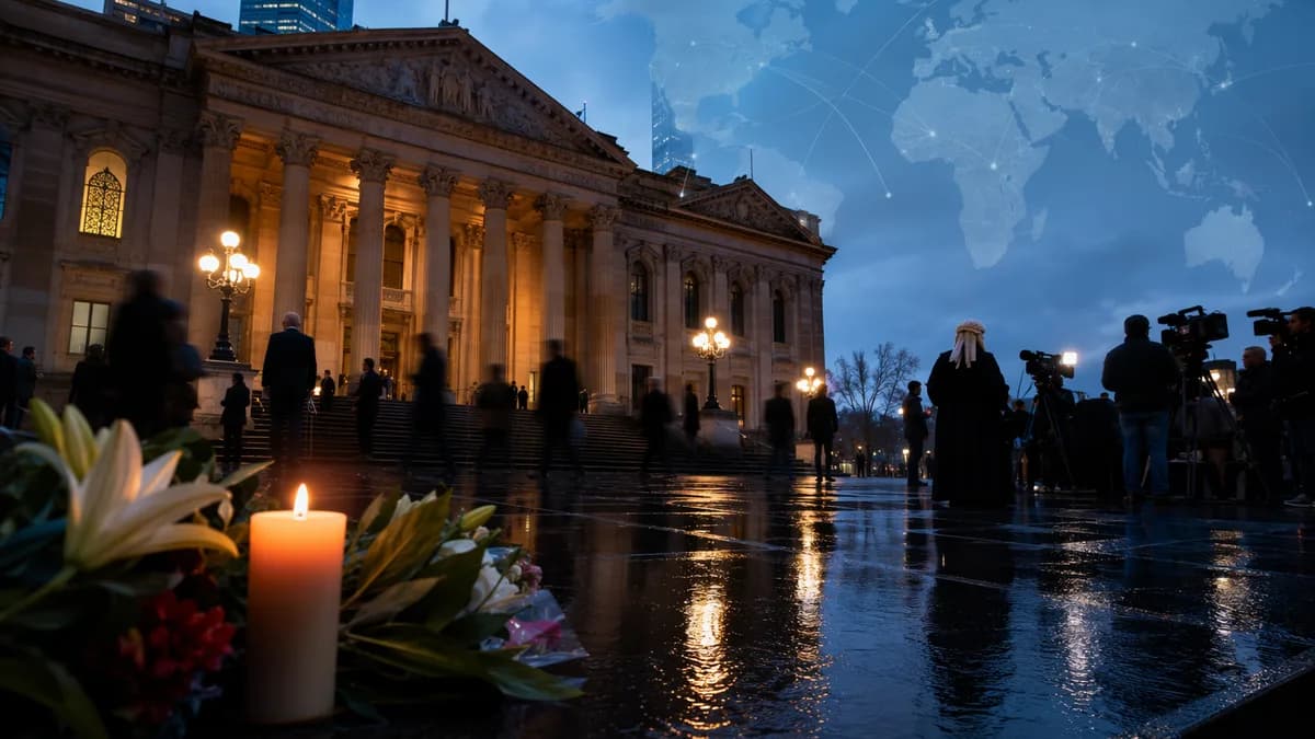 Somber Melbourne courthouse scene with memorial flowers, media silhouettes, and subtle global map connections.