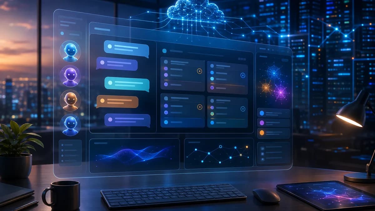Futuristic team chat dashboard with AI agents, cloud nodes, and SaaS productivity panels.