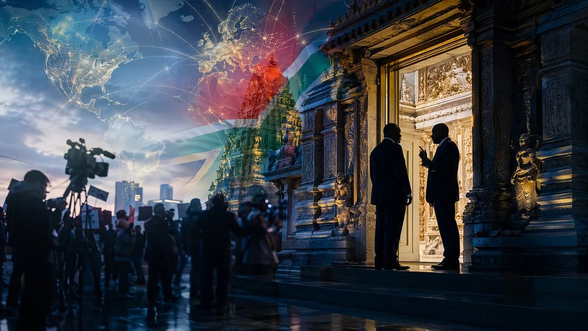 Shadowed elites meet at a temple amid South African political scandal and global influence network imagery.