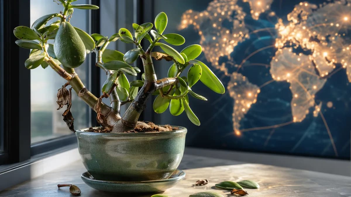 Jade plant on a windowsill with fallen leaves and subtle stress clues against a global map backdrop
