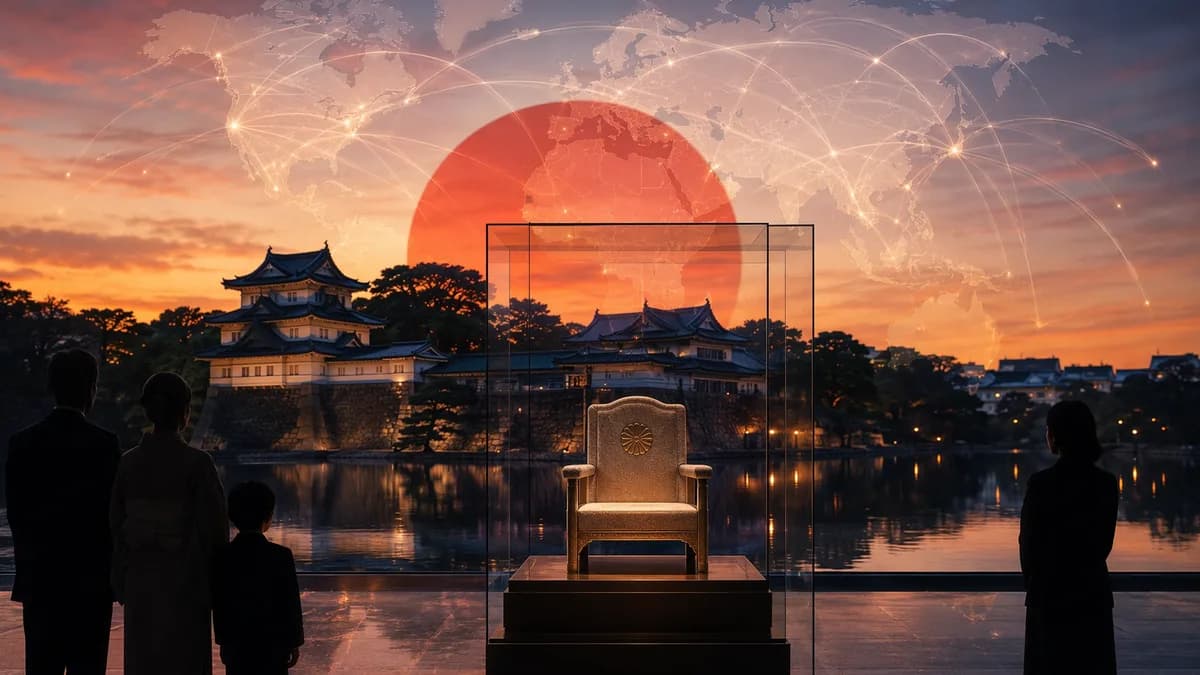 Japan imperial palace scene with symbolic succession imagery and global map connections.