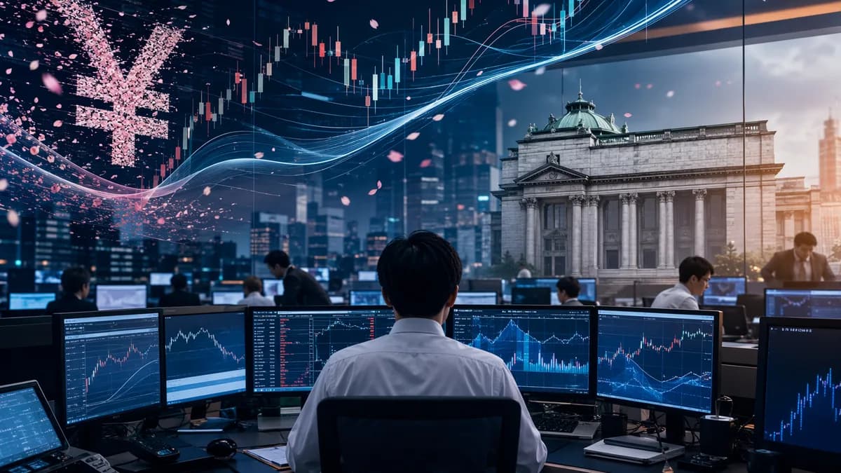 Tokyo trading desk with yen market charts and rate hike signals in a cinematic editorial style