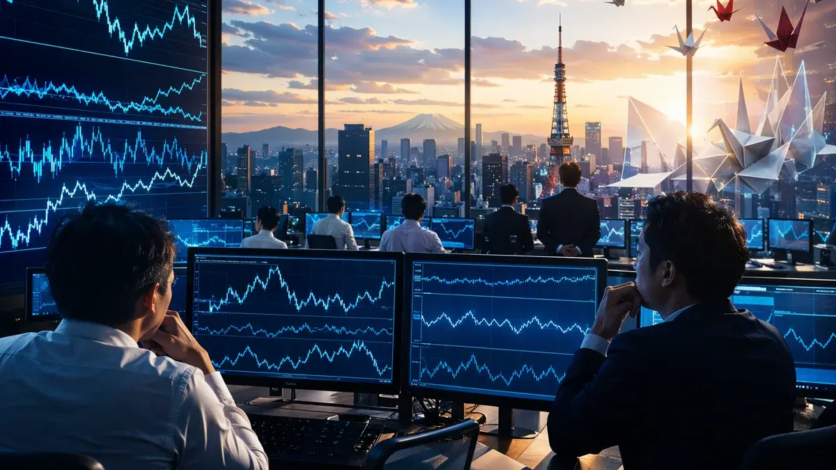 Tokyo trading floor with abstract market charts, suggesting yen intervention fears