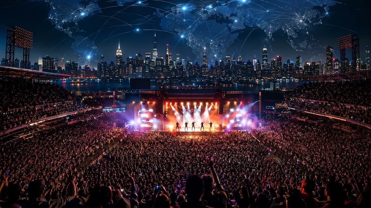 Night stadium concert in New York with crowd, skyline, and glowing global network map overhead.