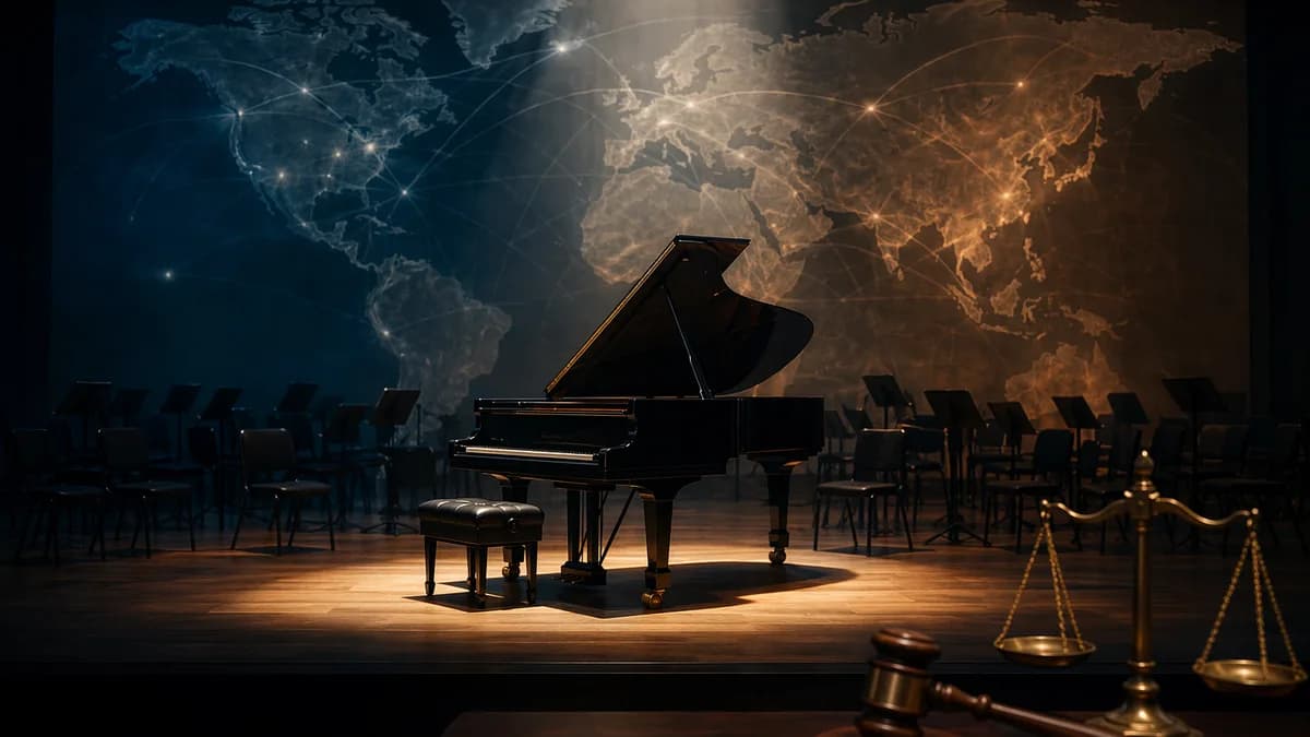 Grand piano on a concert hall stage with legal scales and a global map backdrop, suggesting arts and law.