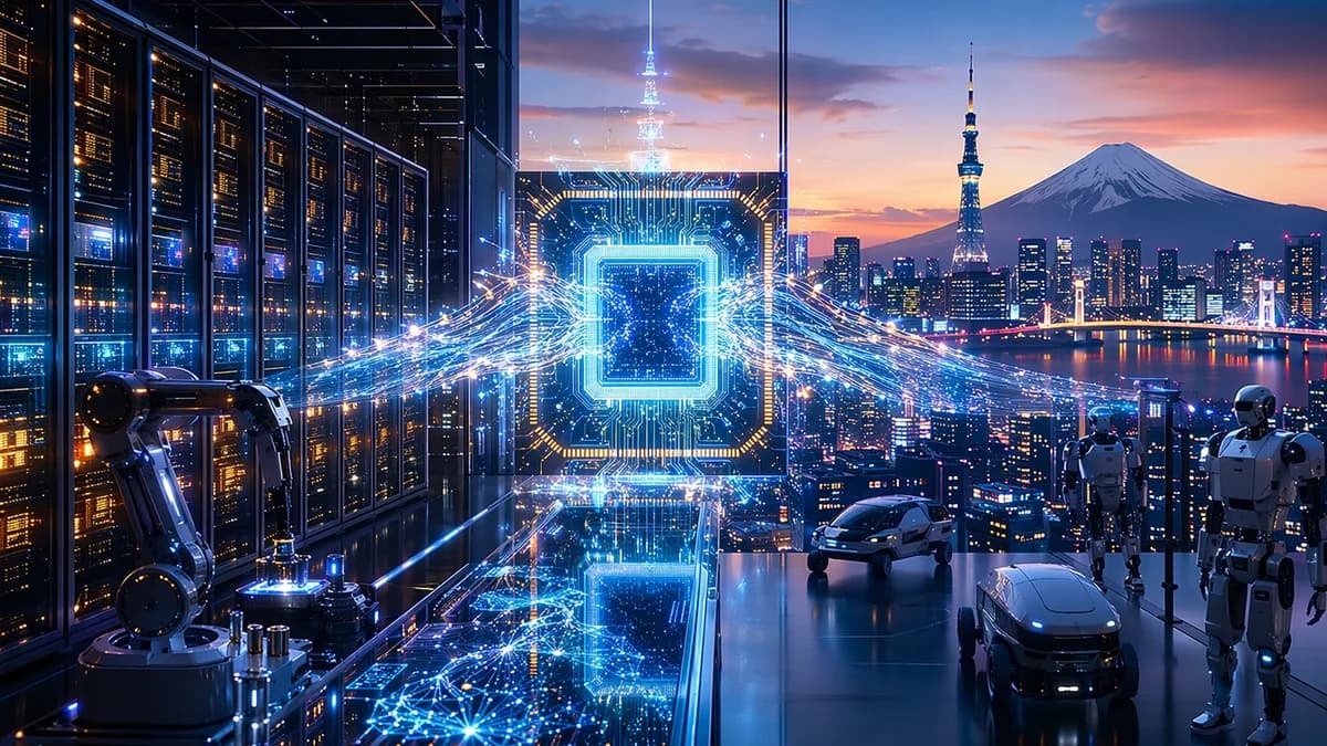 Tokyo AI hub with GPU servers, robotics, and a glowing chip gateway symbolizing compute control.