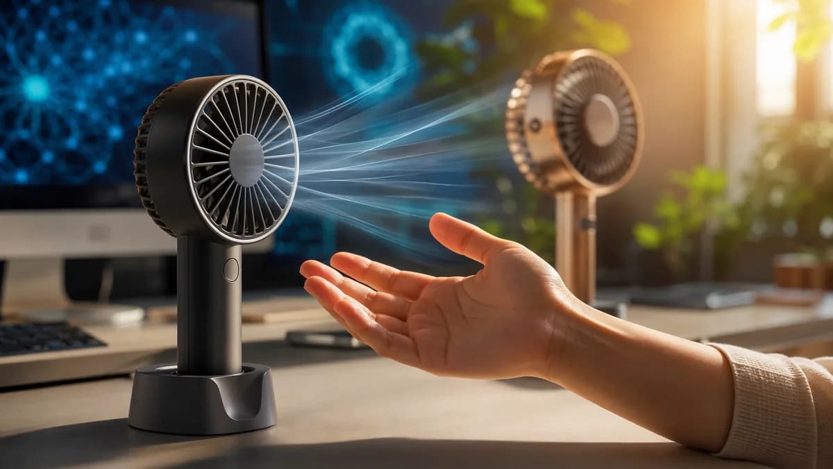 Compact handheld fan cooling a modern tech workspace in warm summer light.