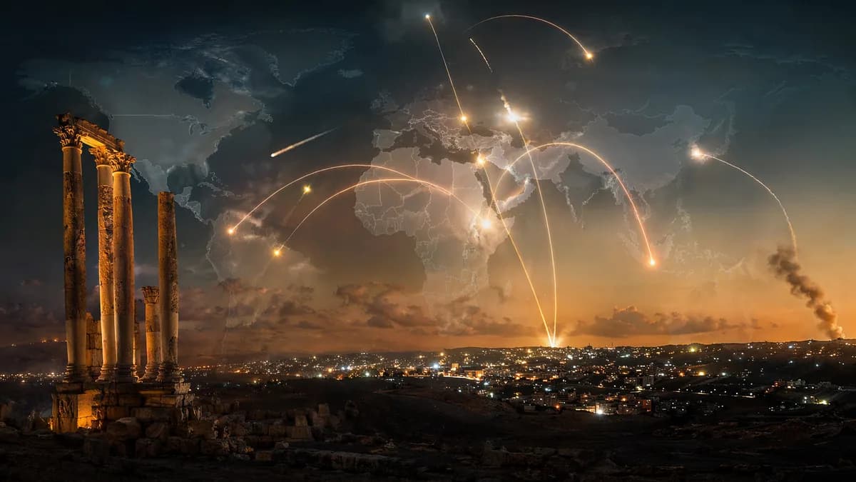 Missile interceptions over Jordan beneath a world map, symbolizing regional conflict spillover.