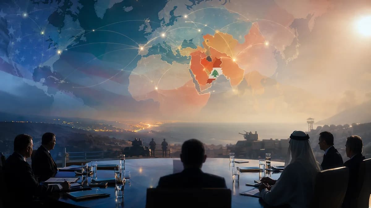 Diplomatic talks over a glowing Middle East map with global connections and tense regional atmosphere.