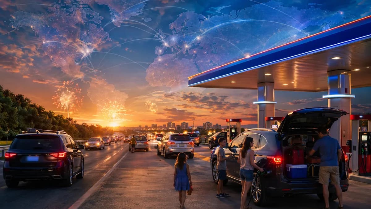 Cars refuel at a gas station as holiday traffic rises under a glowing global energy map.