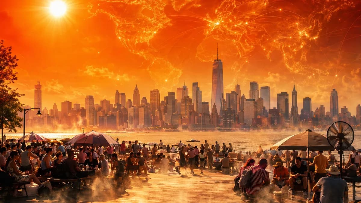 NYC crowd under intense heat dome with world map connections in the sky