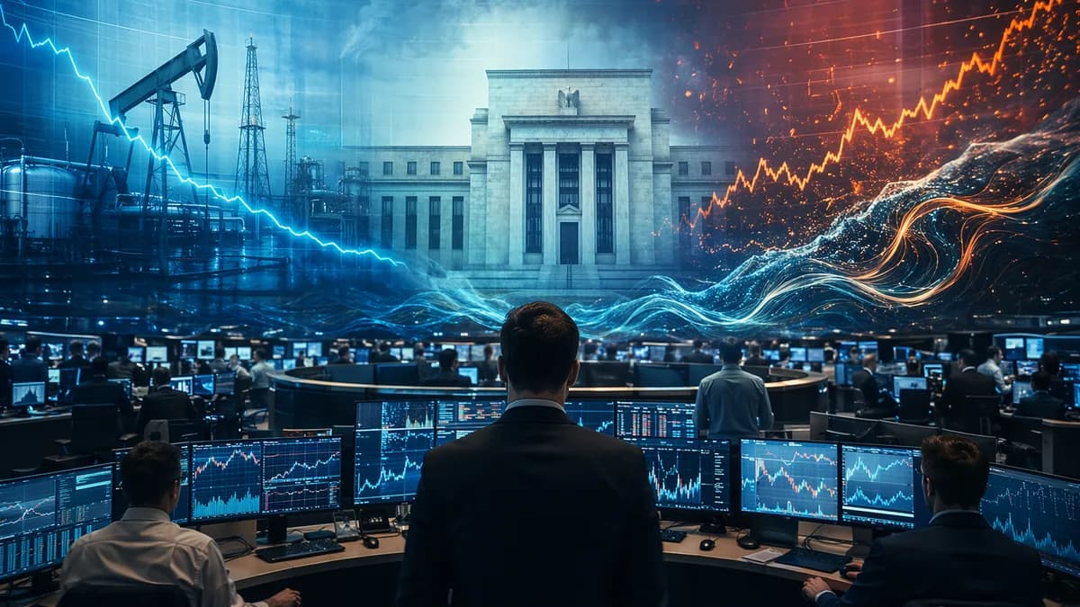 Trading floor with market charts and Fed silhouette, symbolizing cooling inflation and rate uncertainty.