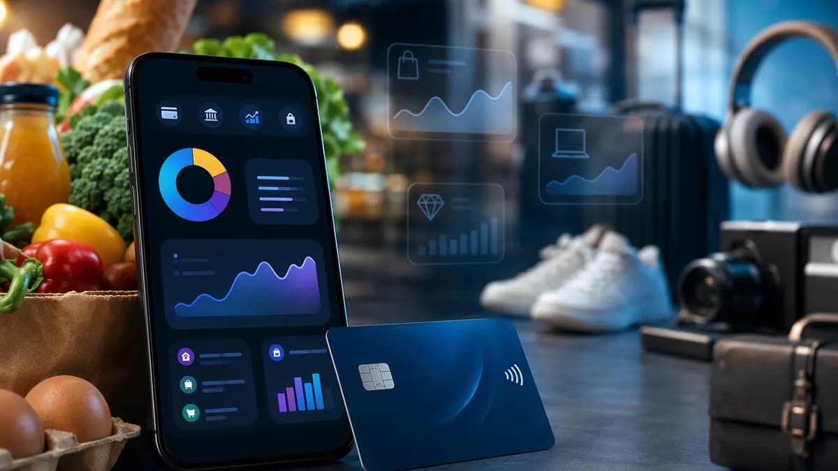 Digital banking scene showing essentials prioritized over blurred discretionary retail purchases.